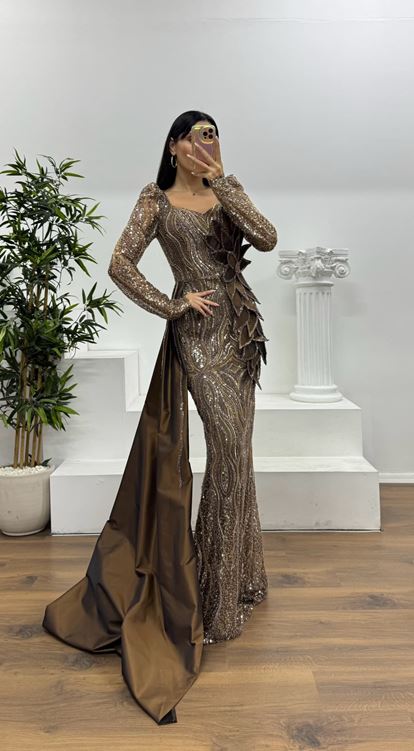 Vizon Çiçek Detay İşlemeli Abiye Elbise